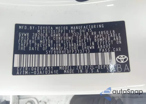 2015 Toyota Corolla L from USA, damaged, VIN 5YFBURHE0FP313713